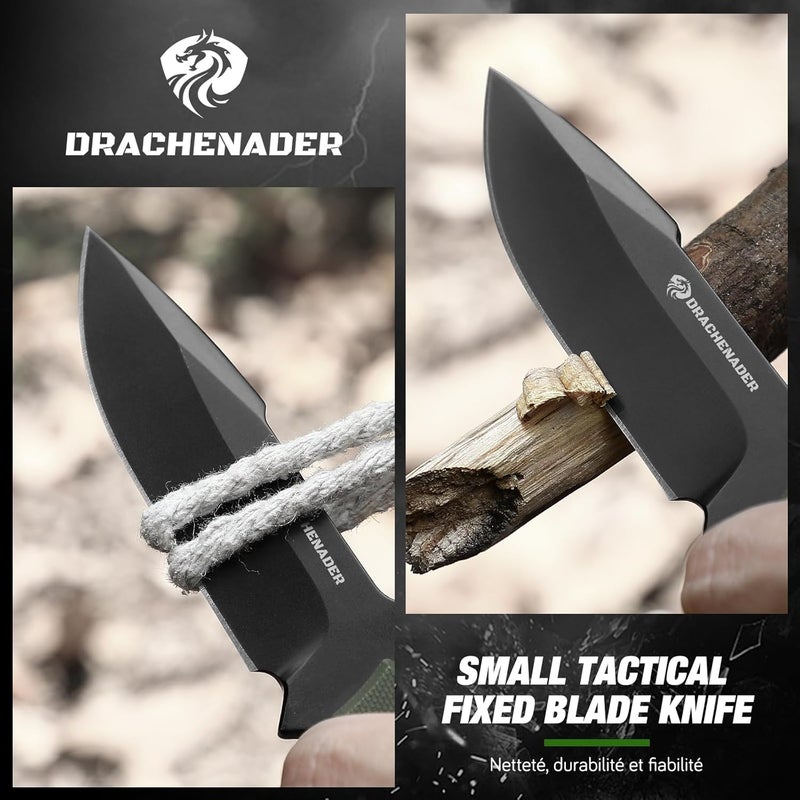DRACHENADER 7" D2 Steel EDC Fixed Blade Knife, Versatile Carry with Kydex Sheath and G10 Handle (B- Black Balde + Green Handle) - Image 3